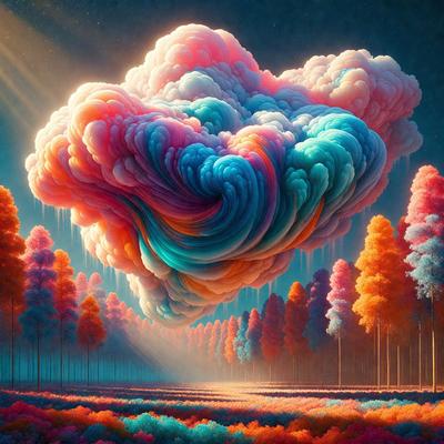 The primary subject of the image is a large, colorful cloud that is floating in the sky. The cloud is surrounded by a field of trees, creating a serene and natural setting. The visual style of the image is digital art, as it appears to be a painting or drawing created using digital tools. The dominant colors in the image are pink, blue, and orange, giving the scene a vibrant and lively atmosphere.